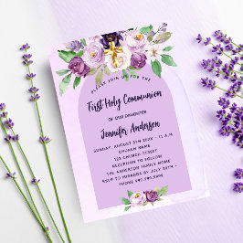 Eerste Communie violette paarse bloemen cross meis Uitnodiging Briefkaart