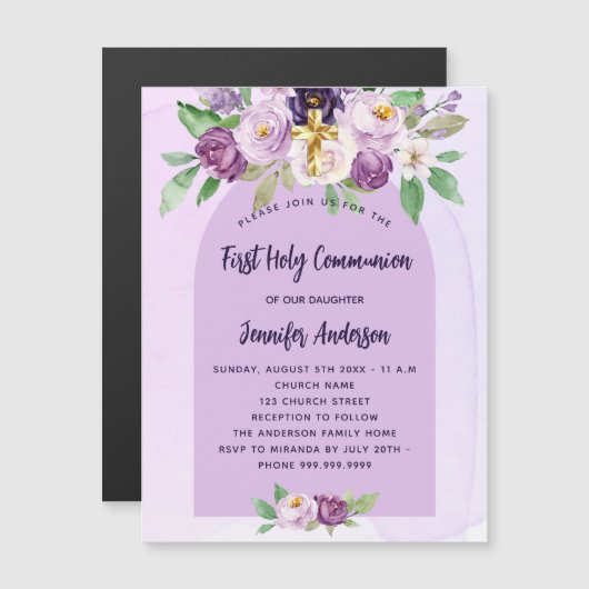 Eerste Communie violette paarse bloemen kruisen lu Magnetische Uitnodiging (Voorkant / Achterkant)