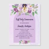 Eerste Communie violette paarse bloemen kruisen lu Magnetische Uitnodiging (Voorkant)
