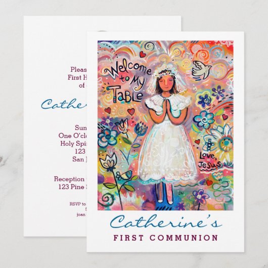 Eerste Communie voor Meisje Uitnodigen Kaart (Voorkant / Achterkant)
