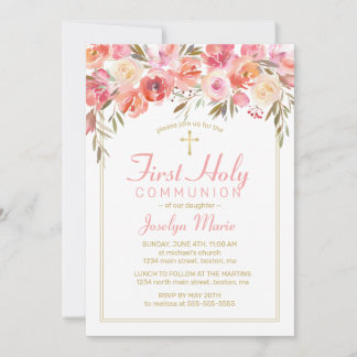 Eerste Communie Waterverf Bloemen Blush Roze Roos Kaart
