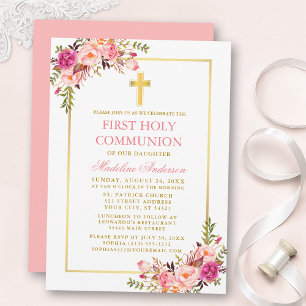 Eerste Communie Waterverf Roze Blush Bloem Goud Kaart