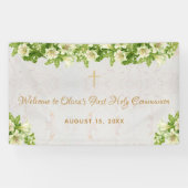 Eerste Communie Welkom Bloemen Witte Lelies Marmer Spandoek (Horizontaal)