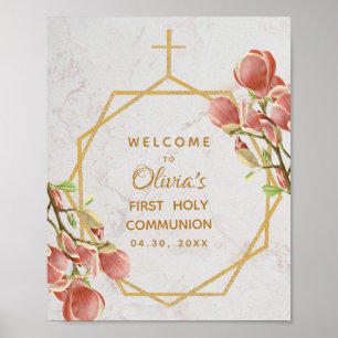 Eerste Communie Welkom Roze Magnolia Gouden Bloem Poster