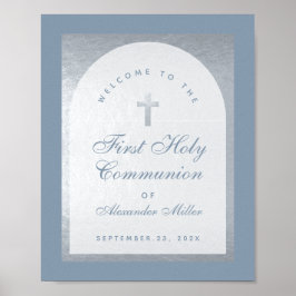 Eerste Communie Zilveren Boog Stofblauw Welkom Poster