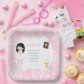 Eerste communie zwart haar meisje dank u papieren bordje (Feest)