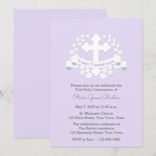 Eerste communieblad Laurel Cross Lila Kaart (Voorkant / Achterkant)