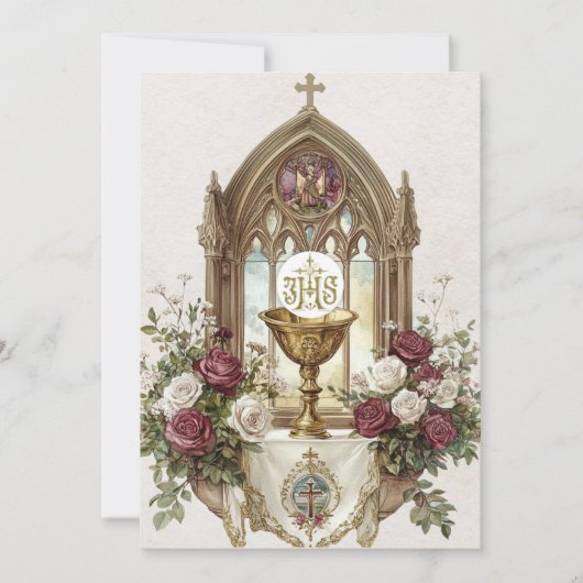 Eerste CommunieChalice Host Bourgondië Witte Rozen Kaart (Voorkant)