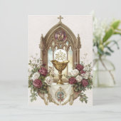 Eerste CommunieChalice Host Bourgondië Witte Rozen Kaart (Staand voorkant)