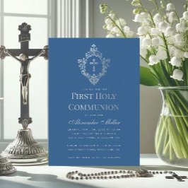 Eerste Communion Classic Blauw Faux Zilver Crest J Kaart