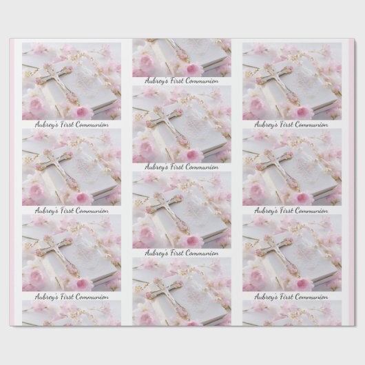 Eerste Communion Pink Girl's Naam toevoegen Wit Cadeaupapier (Vlak)