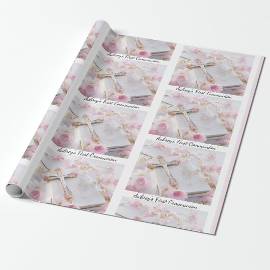 Eerste Communion Pink Girl's Naam toevoegen Wit Cadeaupapier (Uitgerold)