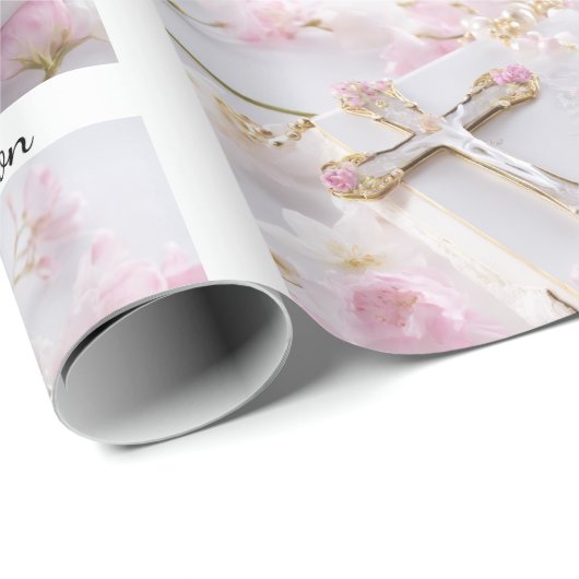 Eerste Communion Pink Girl's Naam toevoegen Wit Cadeaupapier (Rol Hoek)