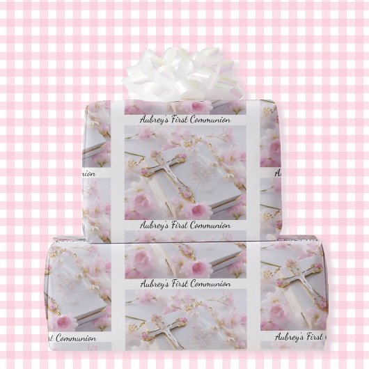 Eerste Communion Pink Girl's Naam toevoegen Wit Cadeaupapier