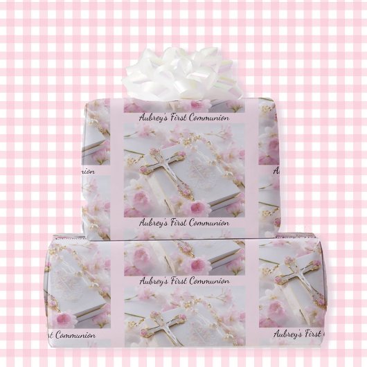 Eerste Communion Pink Girl's Voeg Naam toe Cadeaupapier