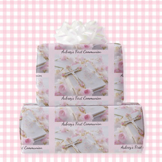 Eerste Communion Pink Girl's Voeg Naam toe Cadeaupapier