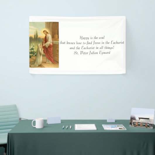 Eerste communiqué banner: Eucharistisch in alles Spandoek (Beurs)
