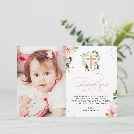 Eerste communiqué Baptisme Religieuze Blush Pink G Bedankkaart (Staand voorkant)