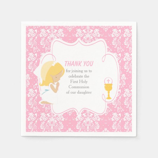 Eerste communiqué blauw-meisje-roze Damask Servet (Voorkant)