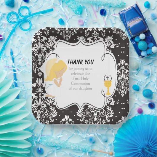 Eerste communiqué blauw meisje Zwarte Damask Papieren Bordje (Feest)