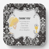 Eerste communiqué blauw meisje Zwarte Damask Papieren Bordje (Voorkant)