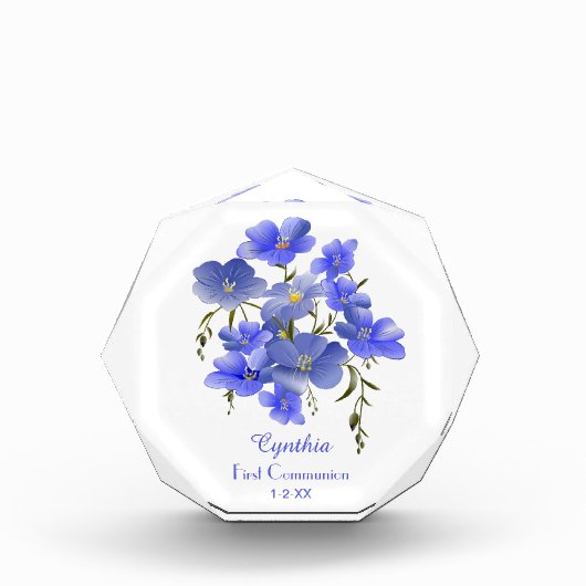 Eerste communiqué blauwe bloemen gepersonaliseerd fotoblokken (Voorkant)