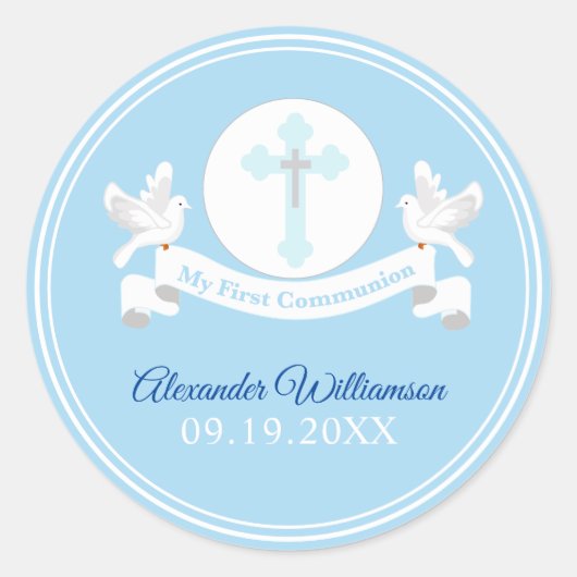 Eerste communiqué Blauwe Klassieke Sticker (Voorkant)