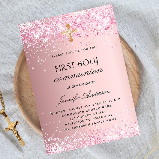 Eerste communiqué blush roze glitter girl kaart