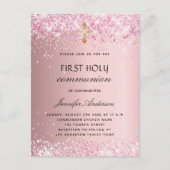 Eerste communiqué blush roze glitter girl uitnodiging briefkaart (Voorkant)