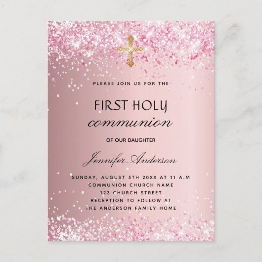 Eerste communiqué blush roze glitter girl uitnodiging briefkaart (Voorkant)