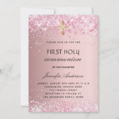 Eerste communiqué blush roze glitter luxe kaart (Voorkant)