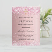 Eerste communiqué blush roze glitter luxe kaart (Staand voorkant)