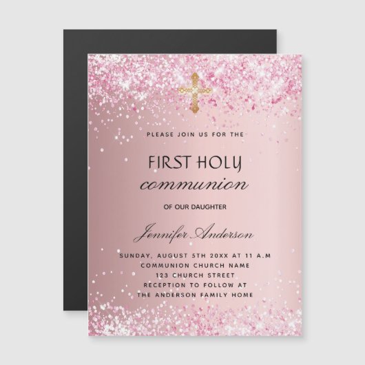 Eerste communiqué blush roze glitter luxe magnetische uitnodiging (Voorkant / Achterkant)