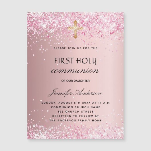 Eerste communiqué blush roze glitter luxe magnetische uitnodiging (Voorkant)