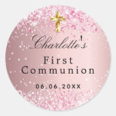 Eerste communiqué blush roze glitter sparkles girl ronde sticker (Voorkant)