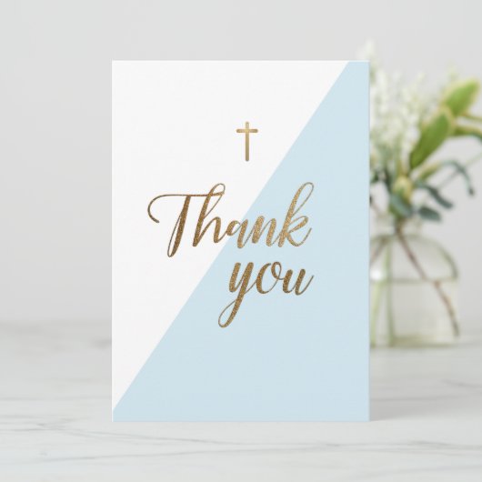 Eerste communiqué Dank je moderne blauwe jongen Bedankkaart (Staand voorkant)