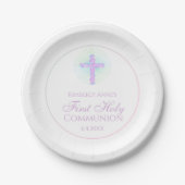 Eerste communiqué Floral Cross Lavender Monogramme Papieren Bordje (Voorkant)