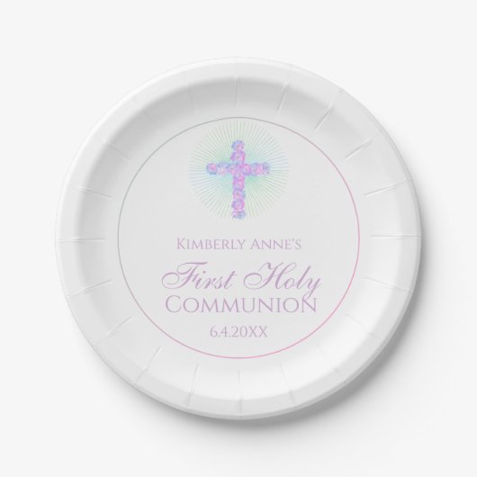 Eerste communiqué Floral Cross Lavender Monogramme Papieren Bordje (Voorkant)