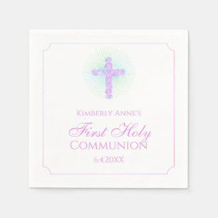 Eerste communiqué Floral Cross Lavender Monogramme Servet