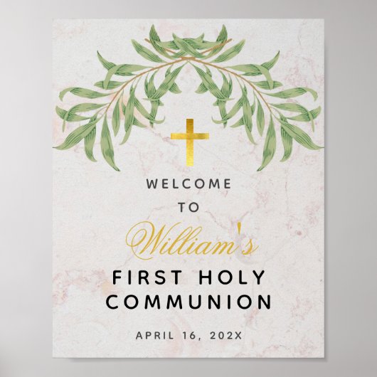 Eerste communiqué Greenery Marble Gold Cross Welko Poster (Voorkant)