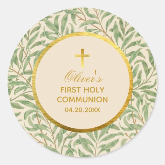 Eerste communiqué groene bladeren Morris faux Gold Ronde Sticker (Voorkant)