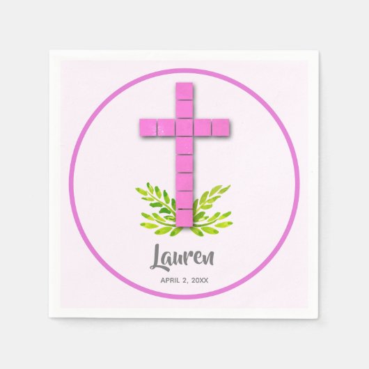 Eerste communiqué kruis in roze servet (Voorkant)