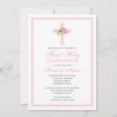 Eerste communiqué kruis met roze rozen Christelijk Kaart (Voorkant)
