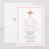Eerste communiqué kruis met roze rozen Christelijk Kaart (Voorkant / Achterkant)