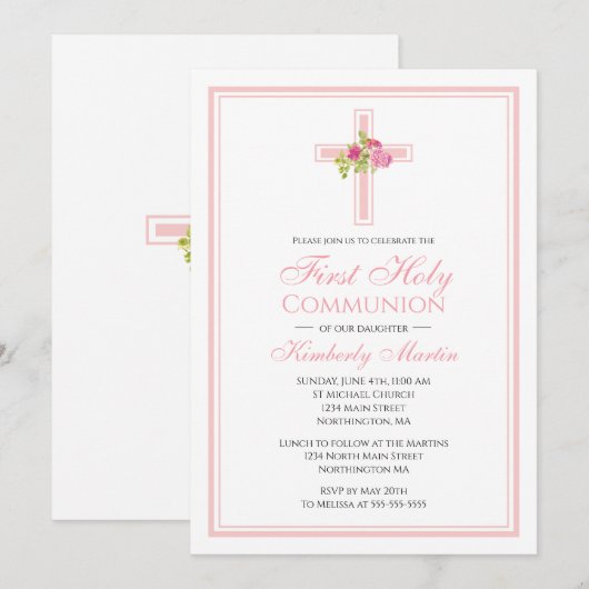 Eerste communiqué kruis met roze rozen Christelijk Kaart (Voorkant / Achterkant)