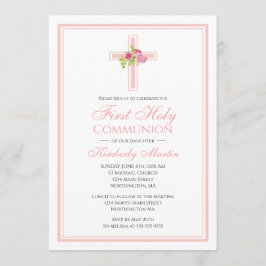 Eerste communiqué kruis met roze rozen Christelijk Kaart