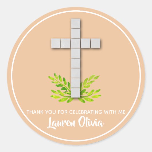 Eerste communiqué kruis op strand ronde sticker (Voorkant)