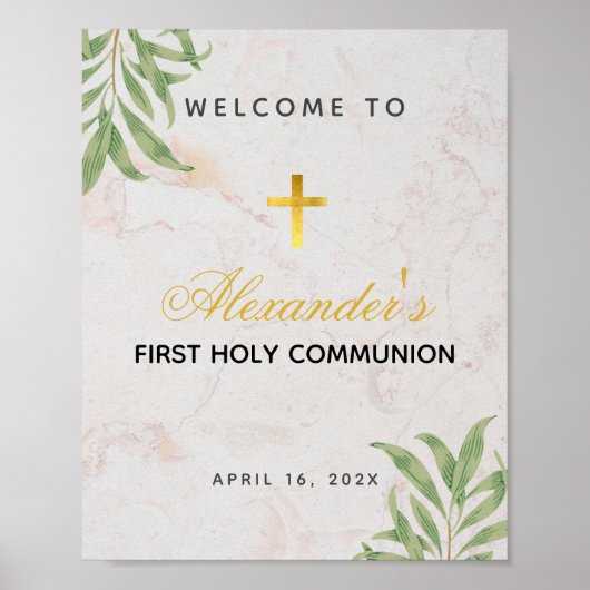 Eerste communiqué marble Foliage Gold Cross Welkom Poster (Voorkant)