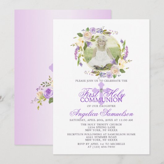 Eerste communiqué Meisje Floral Paars Lavender FOT Kaart (Voorkant / Achterkant)