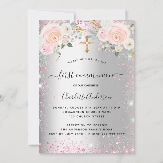 Eerste communiqué meisje zilverroze floralen spark kaart (Voorkant)